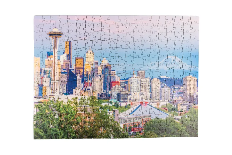Seattle Skyline Sunset wooden puzzle, assembled